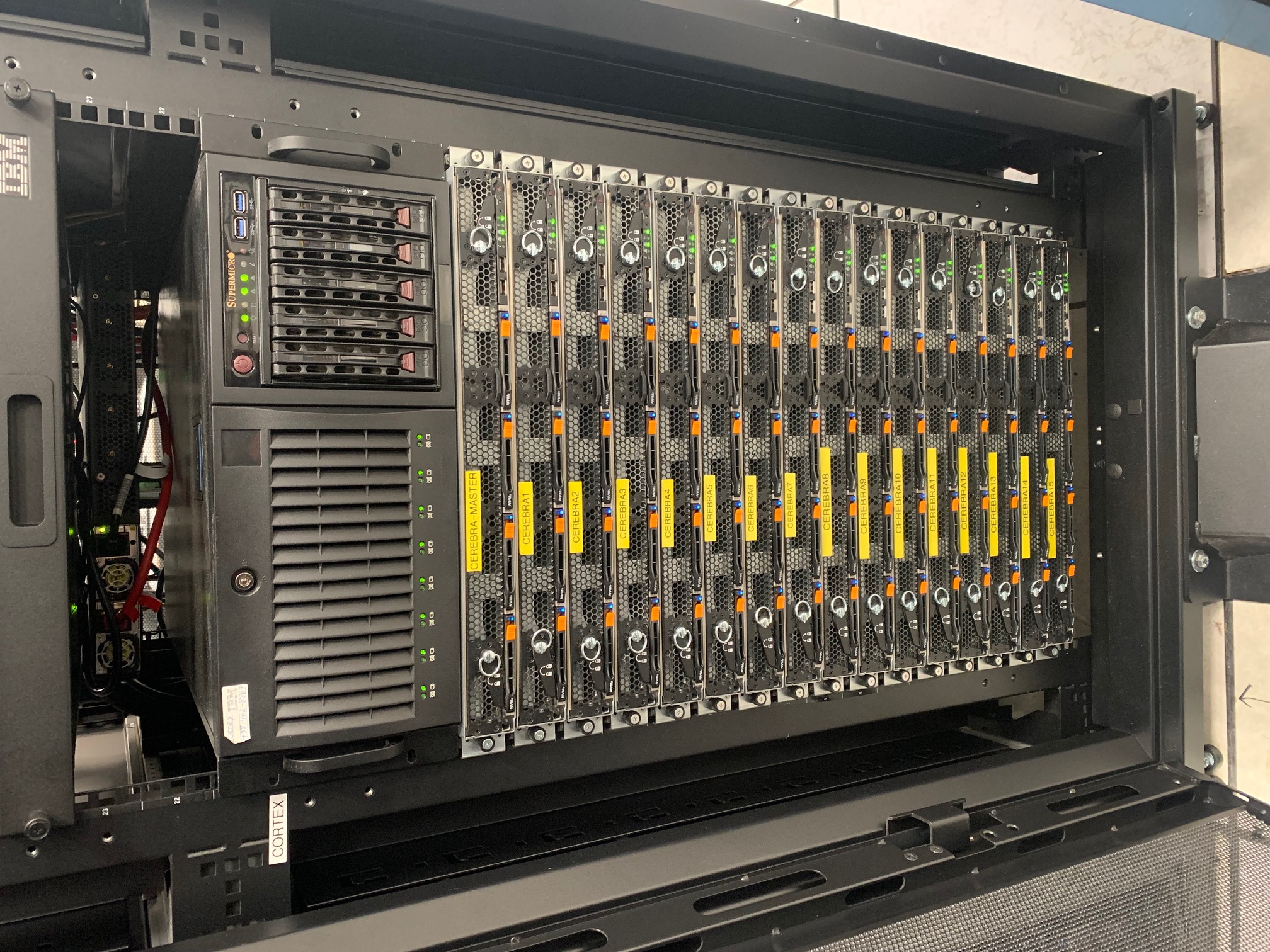 Front of the Cerebra server rack, showing the master server and numbered nodes.